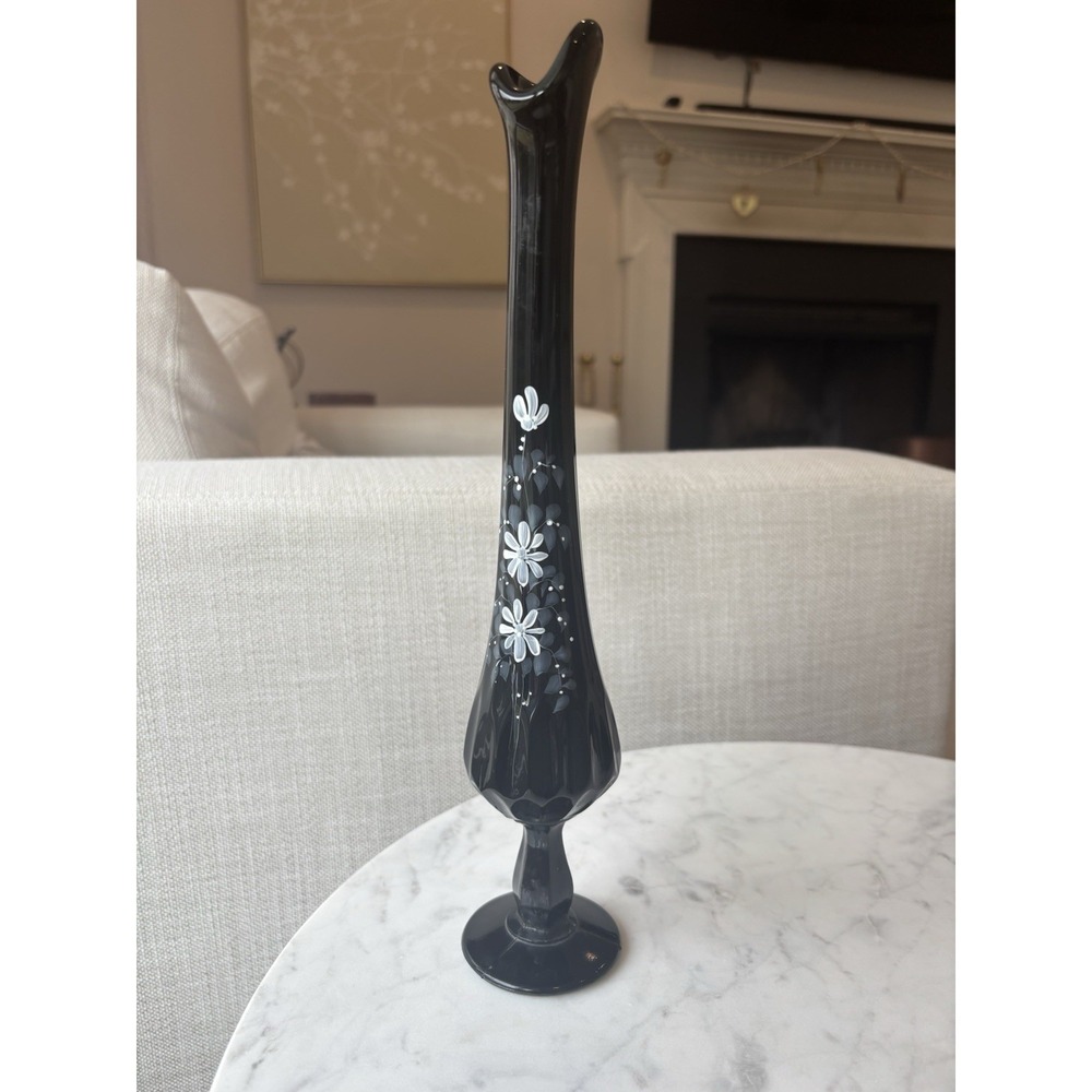 Fenton Vintage Black Amethyst Hand painted‎  Floral Thumbprint Swung Vase Signed